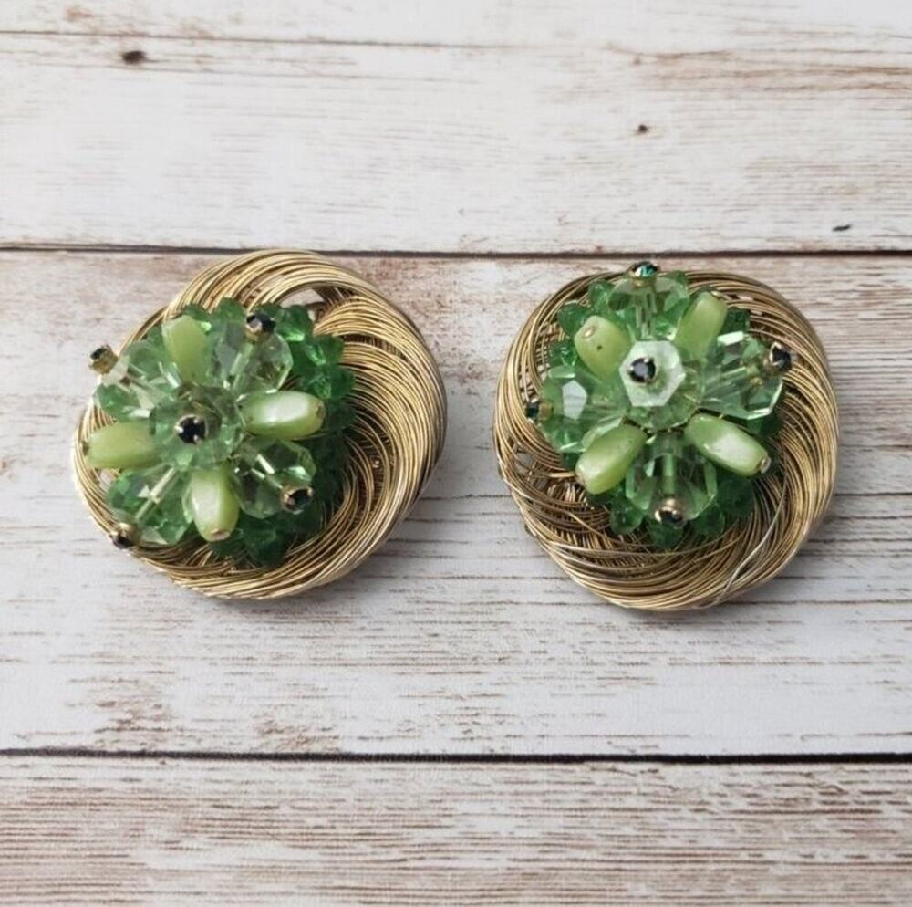 Vintage Clip On Earrings - Extra Large Green & Gold Tone Statement